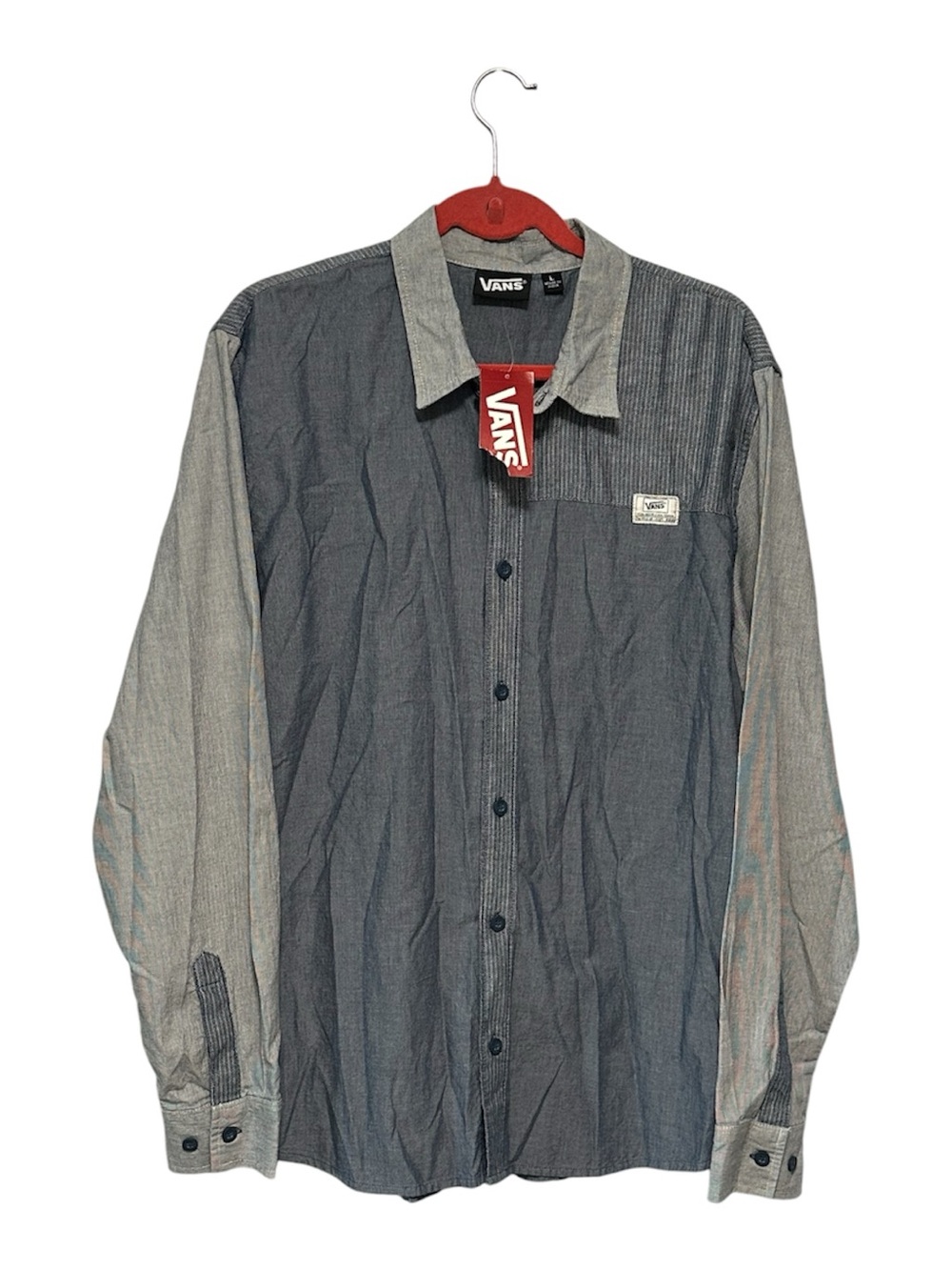 Men’s Van’s Off The Wall Large Button Up Shirt Blue Gray Logo Pocket Cotton NWT - Picture 4 of 11